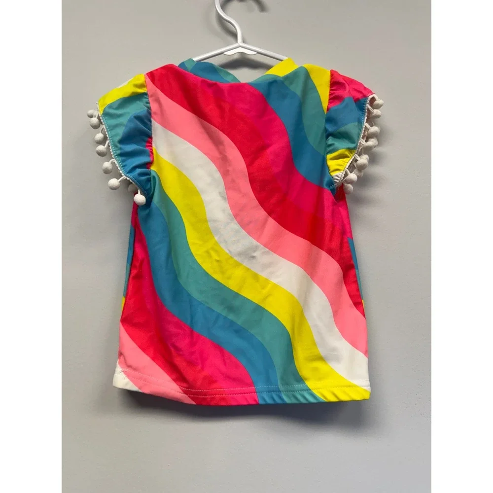 Betsey Johnson Girls Rainbow Sun Kissed Swim Top Pom Pom Sleeve Rash Guard Siz 5